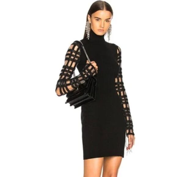Esteban Cortazar Dress Sheer Lattice Sleeve Knit Turtleneck Sheath Mini Black XL - Picture 1 of 12